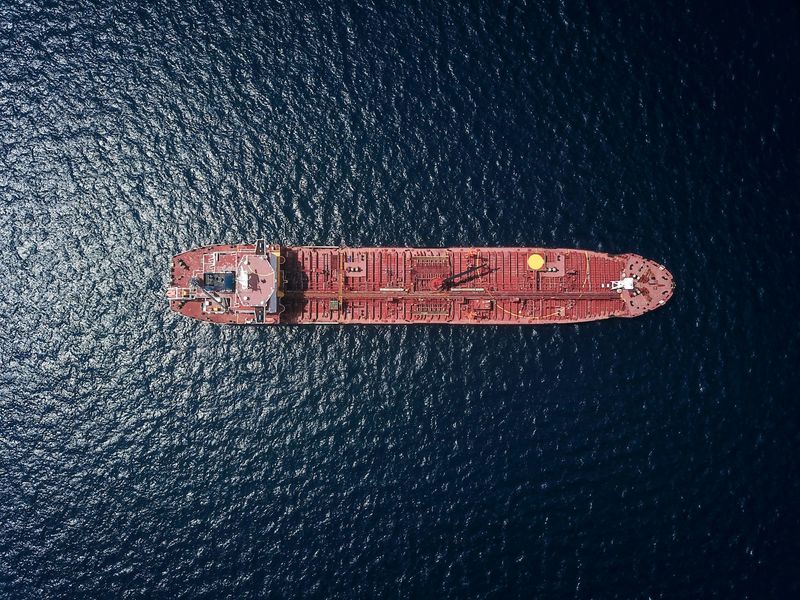 An oil tanker at sea, seen from above