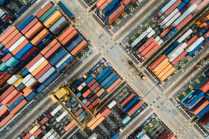 Shipping containers in a port, seen from above
