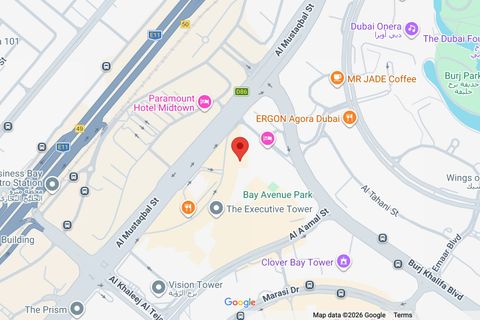 Map of Business Bay, Dubai, with the office marked at Executive Tower D (Aspect Tower)